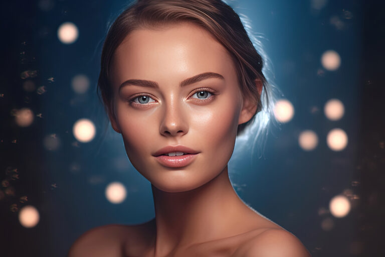 Portret de frumusețe al unei tinere cu ten luminos, fundal albastru cu lumini bokeh