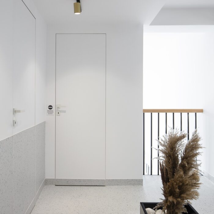 Hol interior la Wanderma Clinic, pereți albi și decor cu spice de pampas uscate.
